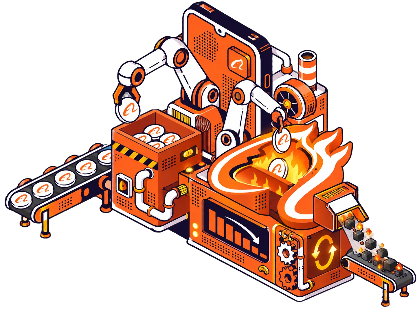 Isometric BABA buy and burn machine turning coins into ash
